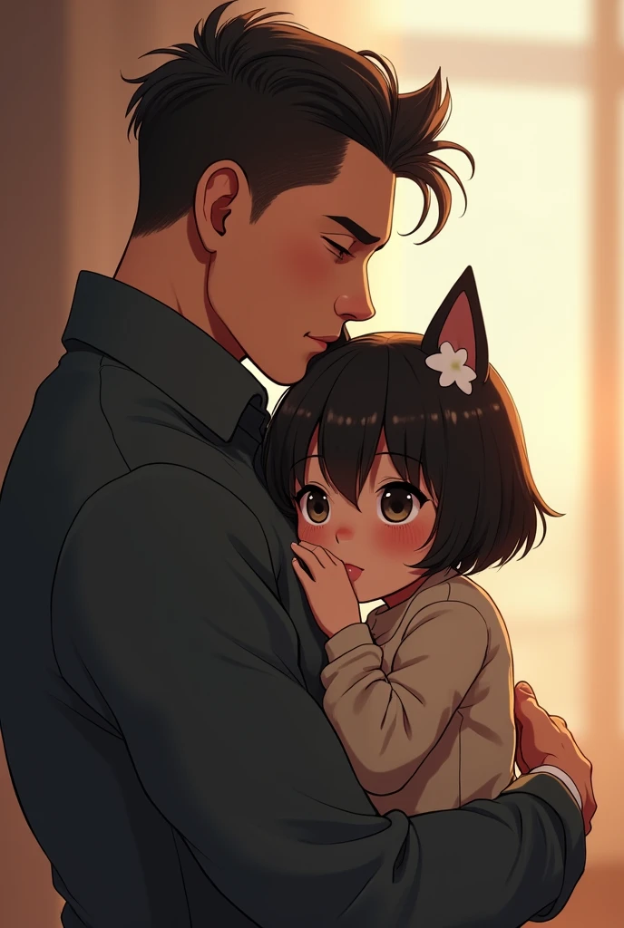 A 27-year-old, tall, handsome man with black hair and a techno cut is holding a beautiful girl with short black hair and white dog ears, about 5 years old.