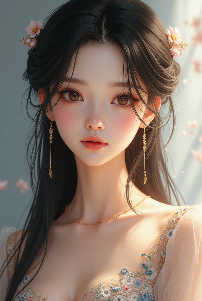 a close up of a woman with long hair wearing a dress, gorgeous chinese model, gorgeous young korean woman, beautiful south korean woman, cai xukun, beautiful young korean woman, full body xianxia, ruan jia beautiful!, yanjun chengt, beautiful girl model, by Yang J, inspired by Huang Ji, realistic. cheng yi, xianxia