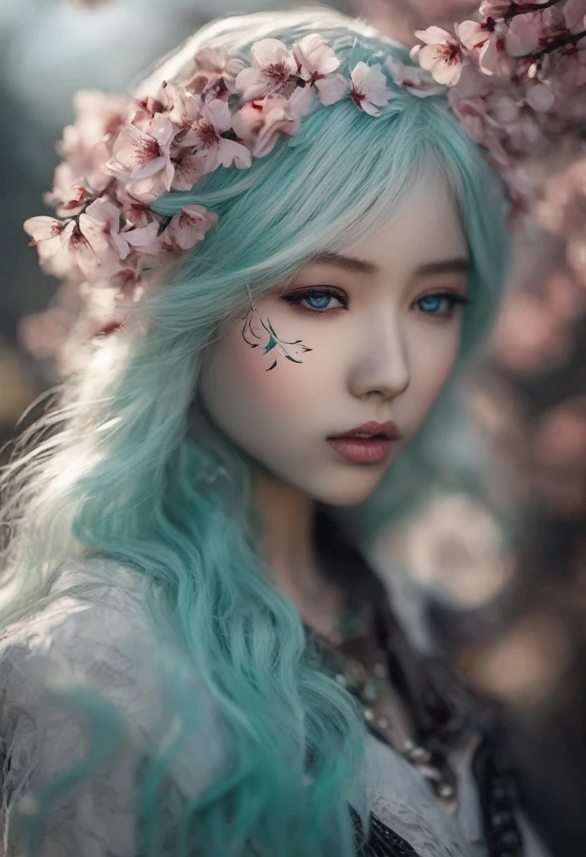 Full length view. ((little funny android girl, perfect body anatomy, beautiful and regular facial features, porcelain face and head. long flowing white hair, big turquoise eyes, perfect eyes, best quality)). visual fashion, gothic. Yoshitaka Amano, Quentin Mutch, colorful fog. Hannah Yata, fantasy art, 64 megapixels, 8k hdr resolution; volumetric lighting", surreal hallucination, complex detail, sharp focus, wind, cherry petals, Fujifilm, bokeh.