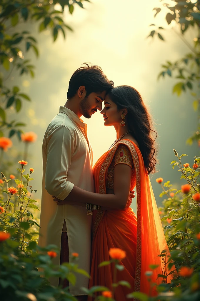 A boy in a kurta and a girl in a sari making love under an open sky surrounded by green plants will be animated youtube thumbnail size