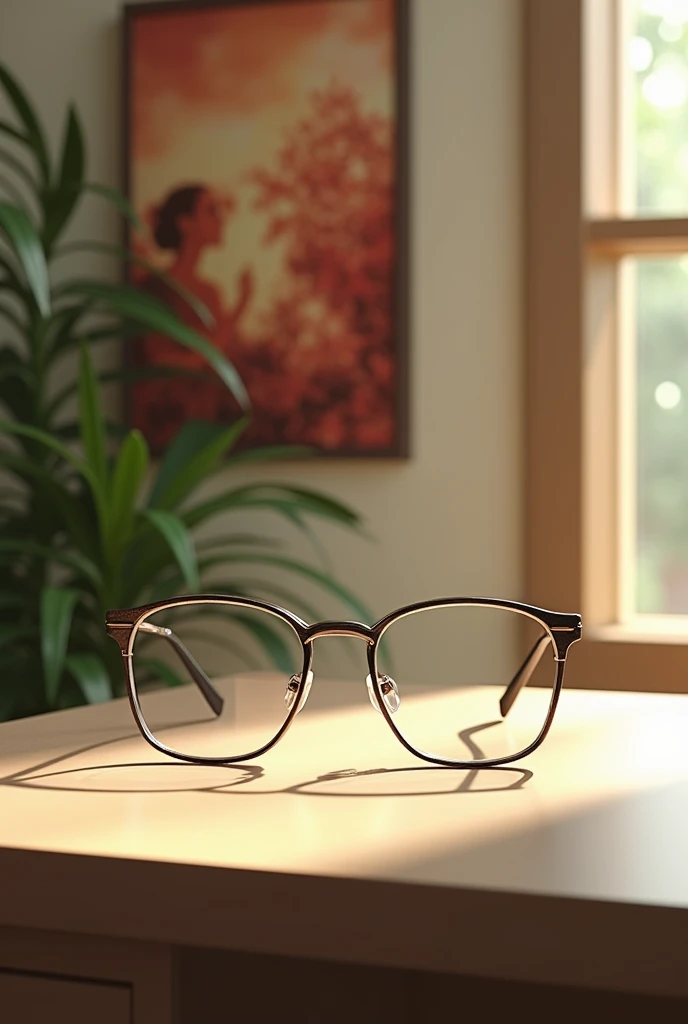 (photorealism:1.2), beautiful eyeglasses, sitting on shelf with neutral colors and wall behind them very sophisticated painting, indoors, soft lighting, plants in background, window with sunlight, cozy room, realistic, intricate details, warm colors,