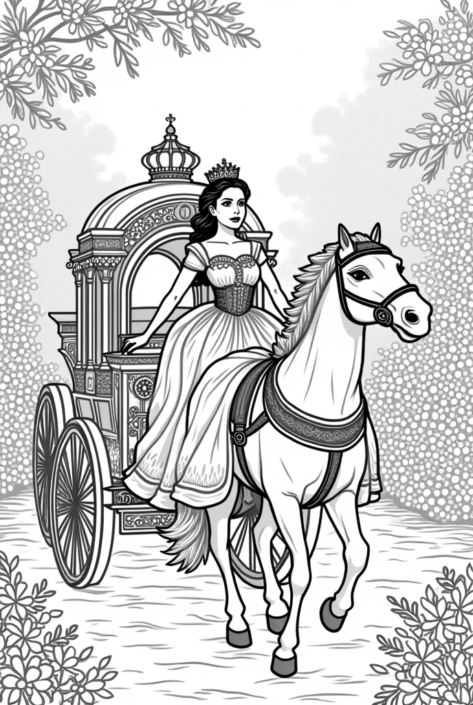 Lady queen travel in the horse vehicle flowers background coloring book pages black and white high details