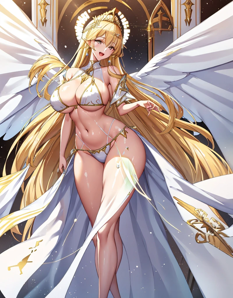 Angelic adult lady wearing a white bikini,Very large white angel wings on his chest,Very large white angel wings on his chest,belly button,tall、Great Hall Background、Body Length、Long legs、Long neck、from the front、tall、Long neck、Standing with good posture and good posture、solo、Complex,Particles of light,Thighs,Glowing Skin、Long legs、golden tiara on head、Perfect lighting, Angelic adult lady wearing a white bikini、Pelvic Curtain, A big-bodied angelic adult lady wearing a white bikini、Dynamite Body、Very large white angel wings on his chest,Very large white angel wings on his chest、solo、belly button、Complex,Particles of light,Thighs,Glowing Skin、Open Mouth Smile、Perfect lighting, Pelvic Curtain,from the front、Open Mouth Smile,(masterpiece), (Highest quality)、Long legs、Long neck、tall、Long neck、Standing in a clean posture、maternal, Porcelain-like skin, Honey blonde straight hair, Very long hair、Open Mouth Smile,(masterpiece), (Highest quality)、maternal, Porcelain-like skin