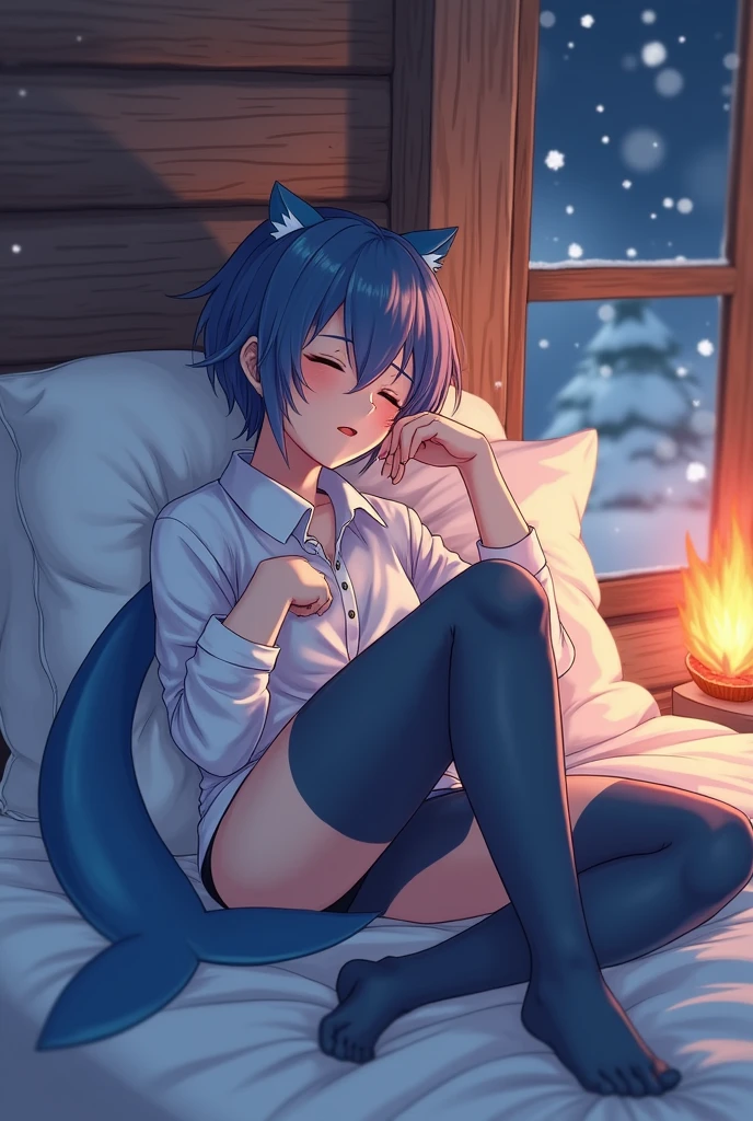 A 24 year old anime-style male dressed in a short shirt on with fishnets and thigh highs, garbed in soft shades of blue and pink and white and black, and he has a shark tail and ears . He is portrayed sleeping inside of a log cobin thats snowing and has a fire going in the backaround , he is sleeping in a cosy bed with his eyes closed