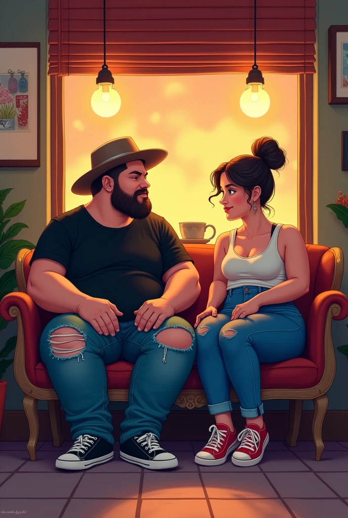 A detailed illustration of a chubby 25-year-old man wearing a hat, a black t-shirt, ripped tight jeans, and sneakers, sitting with a chubby woman in a tank top, ripped tight jeans, and sneakers in a cozy café setting. The scene should be vibrant with dynamic lighting, capturing the warm and casual atmosphere of the café. Ensure the image is hyper-detailed, 8k resolution, ultra-sharp, UHD.