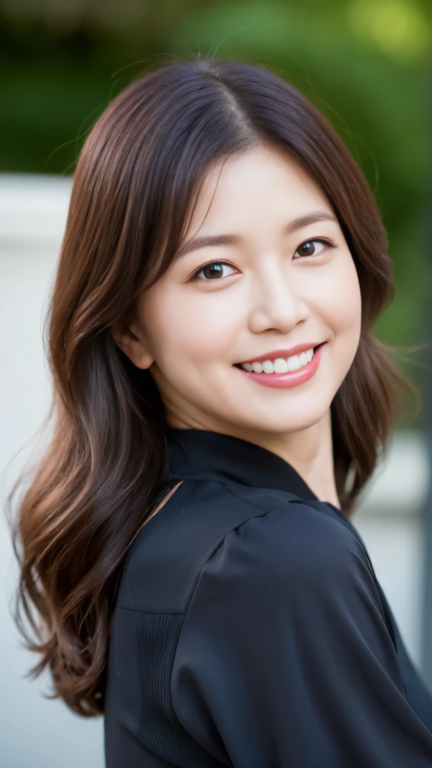 最high quality, In 8K, whole body, Real, Upper Body, high quality, High resolution, Detailed face, Detailed eyes, Thick lips, (Look at the viewers), alone, Middle-aged women, , 60 years old, , Wavy Hair, , Wearing short sleeves, Standing in front of a fountain, Wrinkles around the eyes, Smiling with teeth showing, Background Blur