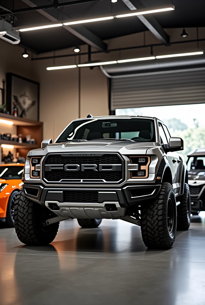 Photo of a gray Ford f150 Raptor and an orange Chevrolet corvette in a mansion garage with a Can Am Maverick behind 