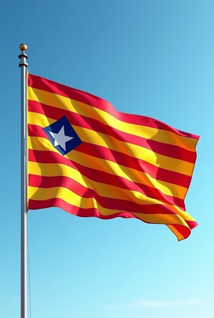 A Catalan star flag,  of 4 red horizontal stripes,  waving in the wind  