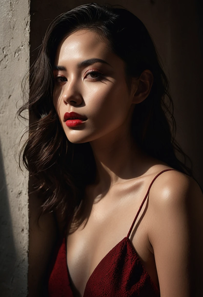 woman bathed in soft light, leaning against a wall, looking into the camera in a moment of raw emotion. Her attire is minimal, accentuating her beauty with the dramatic shadows cast by the lighting. The background is stark, with sharp contrasts highlighting the contours of her form. The red and black palette intensifies the mood, evoking a sense of mystery and allure. Subtle film grain and meticulous shading add depth and texture, emphasizing the emotional gravity of the scene. The lighting creates a chiaroscuro effect, accentuating her expressive pose and the intense atmosphere.