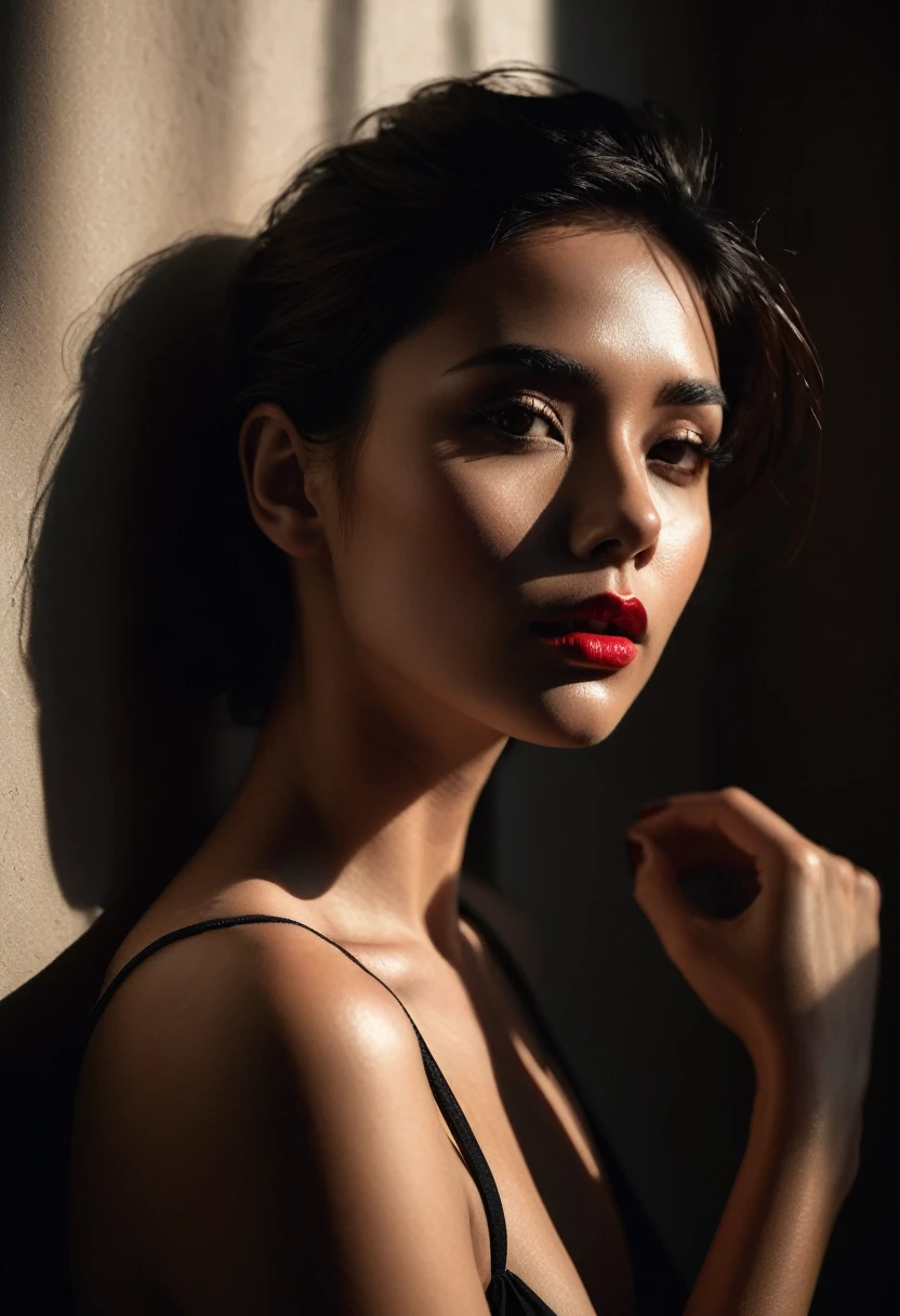 woman bathed in soft light, leaning against a wall, looking into the camera in a moment of raw emotion. Her attire is minimal, accentuating her beauty with the dramatic shadows cast by the lighting. The background is stark, with sharp contrasts highlighting the contours of her form. The red and black palette intensifies the mood, evoking a sense of mystery and allure. Subtle film grain and meticulous shading add depth and texture, emphasizing the emotional gravity of the scene. The lighting creates a chiaroscuro effect, accentuating her expressive pose and the intense atmosphere.
