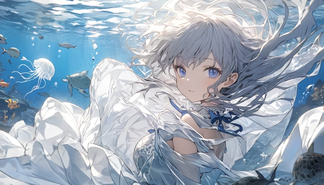 ((masterpiece、Highest quality))、(One Girl、solo:1.4)、Beautiful and fine details、Floating Hair、(Underwater:1.5)、Forms、Angel T、(jellyfish)、fluorescence、Sea Turtle、Seaweed、(Gray Hair，length:1.3)，(blue eyes:1.3)，(Underwaterに浮かぶ:1.5)