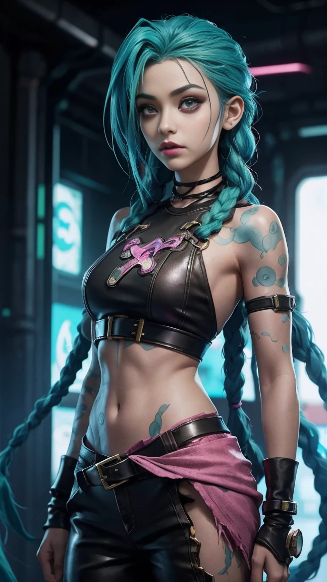 jinx arcane, uma mulher com hair green e tatuagens, cyberpunk woman anime woman, pants, Beautiful angry cyberpunk goddess, cyberpunk artstyle, cyberpunk anime digital art, cyberpunk anime art, Arcane Jinx Retrato, cyberpunk anime art, cyberpunk themed art, cyberpunk dark fantasy, arcane style, 1 girl, stars tattoo on arm, asymmetrical bangs, bangss, hair green, green braids, brown shirt, stars tattoo, sideways, hair green, long hair, pink eyes, Red lips, standing , cloud tattoo, Twin braids. Arcane Jinx. Garota de hair green, garota de Twin braids, Jinx in a burning place, spark, spheres of light, Film Poster, Jinx, Arcane\(league of legends\