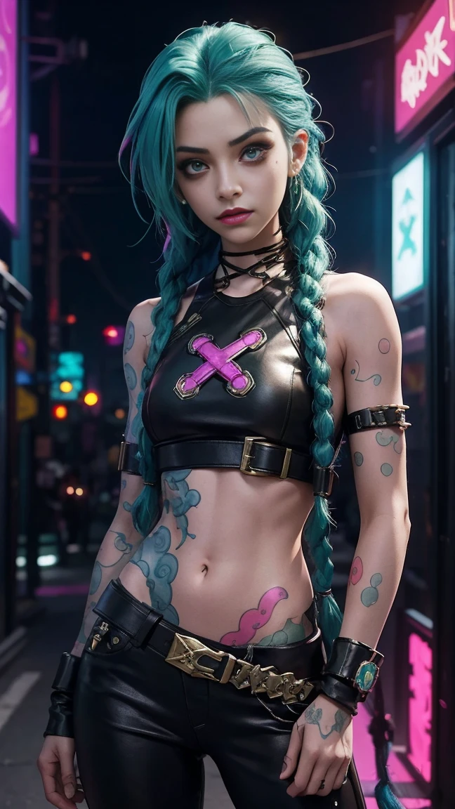 jinx arcane, uma mulher com hair green e tatuagens, cyberpunk woman anime woman, pants, Beautiful angry cyberpunk goddess, cyberpunk artstyle, cyberpunk anime digital art, cyberpunk anime art, Arcane Jinx Retrato, cyberpunk anime art, cyberpunk themed art, cyberpunk dark fantasy, arcane style, 1 girl, stars tattoo on arm, asymmetrical bangs, bangss, hair green, green braids, brown shirt, stars tattoo, sideways, hair green, long hair, pink eyes, Red lips, standing , cloud tattoo, Twin braids. Arcane Jinx. Garota de hair green, garota de Twin braids, Jinx in a burning place, spark, spheres of light, Film Poster, Jinx, Arcane\(league of legends\