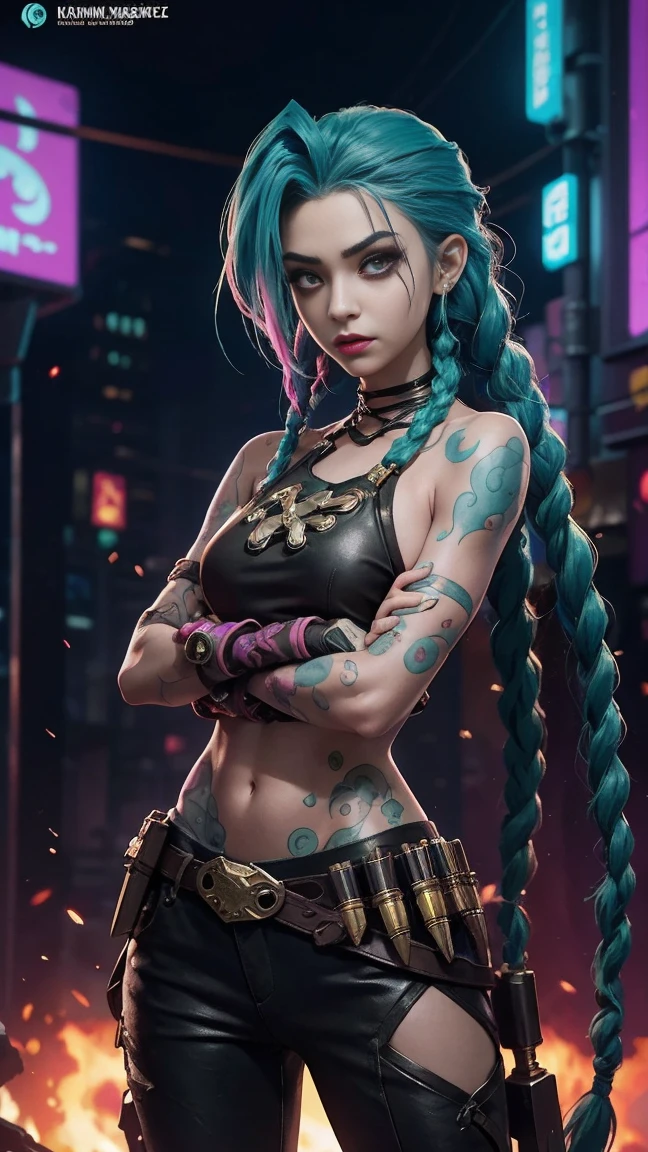 jinx arcane, uma mulher com hair green e tatuagens, cyberpunk woman anime woman, pants, Beautiful angry cyberpunk goddess, cyberpunk artstyle, cyberpunk anime digital art, cyberpunk anime art, Arcane Jinx Retrato, cyberpunk anime art, cyberpunk themed art, cyberpunk dark fantasy, arcane style, 1 girl, stars tattoo on arm, asymmetrical bangs, bangss, hair green, green braids, brown shirt, stars tattoo, sideways, hair green, long hair, pink eyes, Red lips, standing , cloud tattoo, Twin braids. Arcane Jinx. Garota de hair green, garota de Twin braids, Jinx in a burning place, spark, spheres of light, Film Poster, Jinx, Arcane\(league of legends\