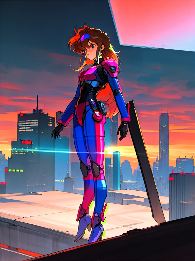 Kenichi Sonoda, retro art-style, bubblegum crisis, Sci-fi, Cyberpunk, Neon, Dystopia, On a full moon night, on the rooftop of a high-rise building, a figure is seen wearing a metal hard suit that covers the whole body from head to toe. It is made up of curved surfaces that give it a feminine bodyline., 1girl, solo, 18yo, Cool beauty, fearless look, masterpiece, very aesthetic, incredibly absurd resolution, absolutely resolution, ultra high resolution, professional, vivid colors, perfect anatomy, ideal facial features, ideally proportioned figure, perfectly beautiful body, super detailed, anime key-visual, all intricate, overall detail, Dynamic poses, Dutch angles, anime colored, extreme perspective