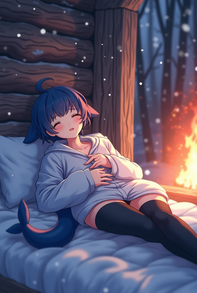 A 24 year old anime-style male dressed in a short shirt on with fishnets and thigh highs, garbed in soft shades of blue and pink and white and black, and he has a shark tail and ears . He is portrayed sleeping inside of a log cobin thats snowing and has a fire going in the backaround , he is sleeping in a cosy bed with his eyes closed