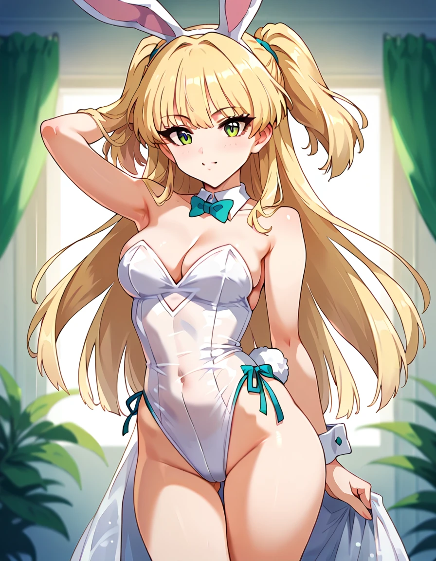 
score_9, score_8_up, score_7_up, unaestheticXLv31, masterpiece, ultra-detailed, nsfw, Shiny skin, pretty eyes, BREAK, ((translucent clothing)), WHITE playboy bunny, jgskrk, long hair, blonde hair, two side up, bangs, green eyes, ,((Small brests)), skinny, Sexy pose, white background
