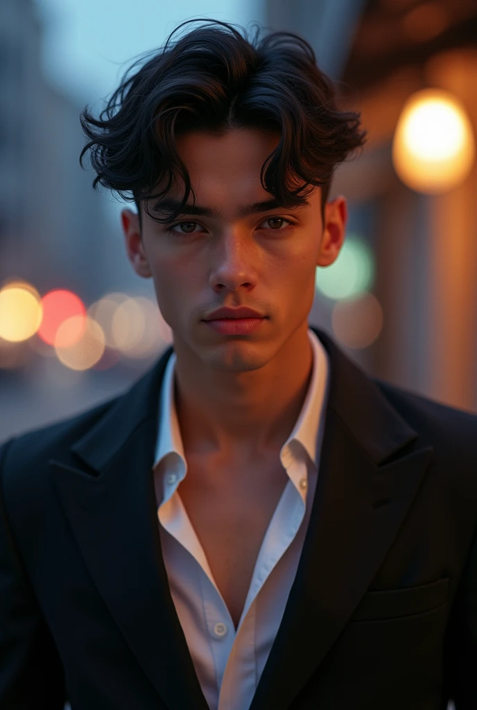 "A hyperrealistic portrait of a striking teenage boy with sculpted features and a magnetic presence. His sharp cheekbones and strong jawline are accentuated by the play of light and shadow, creating a sense of depth and realism. His deep brown eyes are intense and soulful, framed by thick, well-groomed brows that add to his alluring expression. His short, jet-black hair is perfectly styled, with each strand meticulously detailed. He’s dressed in a sleek, tailored black suit jacket over a crisp white shirt, unbuttoned at the collar to reveal a hint of his toned chest. The background is a soft, blurred cityscape at night, with the glow of distant lights adding a dynamic contrast to his sharp, perfectly lit figure, emphasizing his confident and sexy appeal."