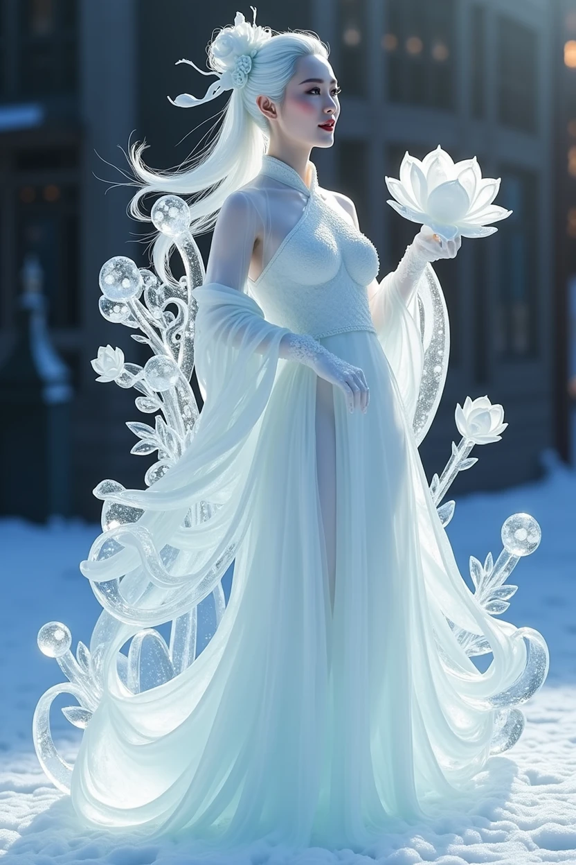 (ice - carving:1.4),Movie Angle,(Fan Bingbing,  ice sculpture girl,Anatomically correct,full bodyesbian,Masterpiece ice sculpture camellia,Representative work Hanfu,Smile,sexy,full body arts,traditional arts) sexy body,erotic nude