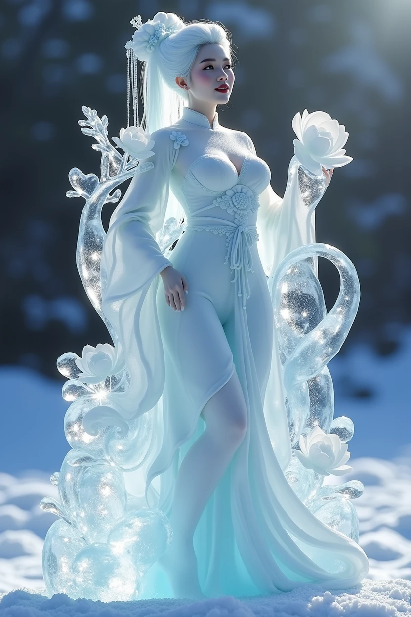 (ice - carving:1.4),Movie Angle,(Fan Bingbing, ice sculpture girl,Anatomically correct,full bodyesbian,Masterpiece ice sculpture camellia,Representative work Hanfu,Smile,sexy,full body arts,traditional arts) sexy body,erotic nude