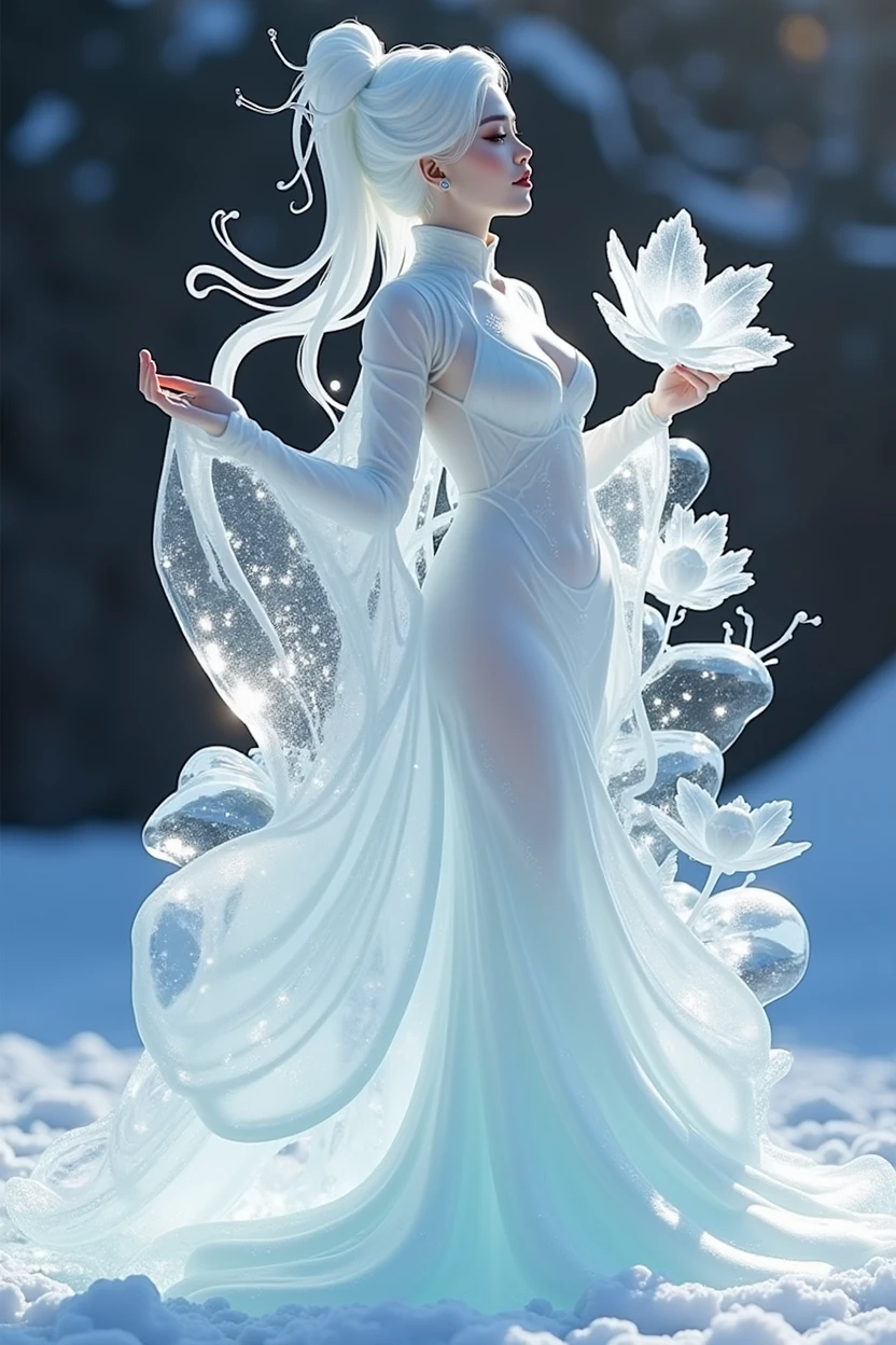 (ice - carving:1.4),Movie Angle,(Fan Bingbing, ice sculpture girl,Anatomically correct,full bodyesbian,Masterpiece ice sculpture camellia,Representative work Hanfu,Smile,sexy,full body arts,traditional arts) sexy body,erotic nude