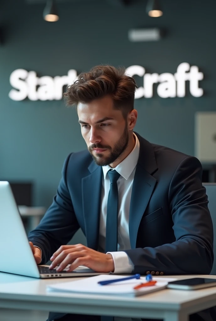 Young male entrepreneur wearing suit and siting on his office table in office. Focus in front,With working laptop and working accessories on table. "Startup Craft" is written on his back wall which is viewing clearly.