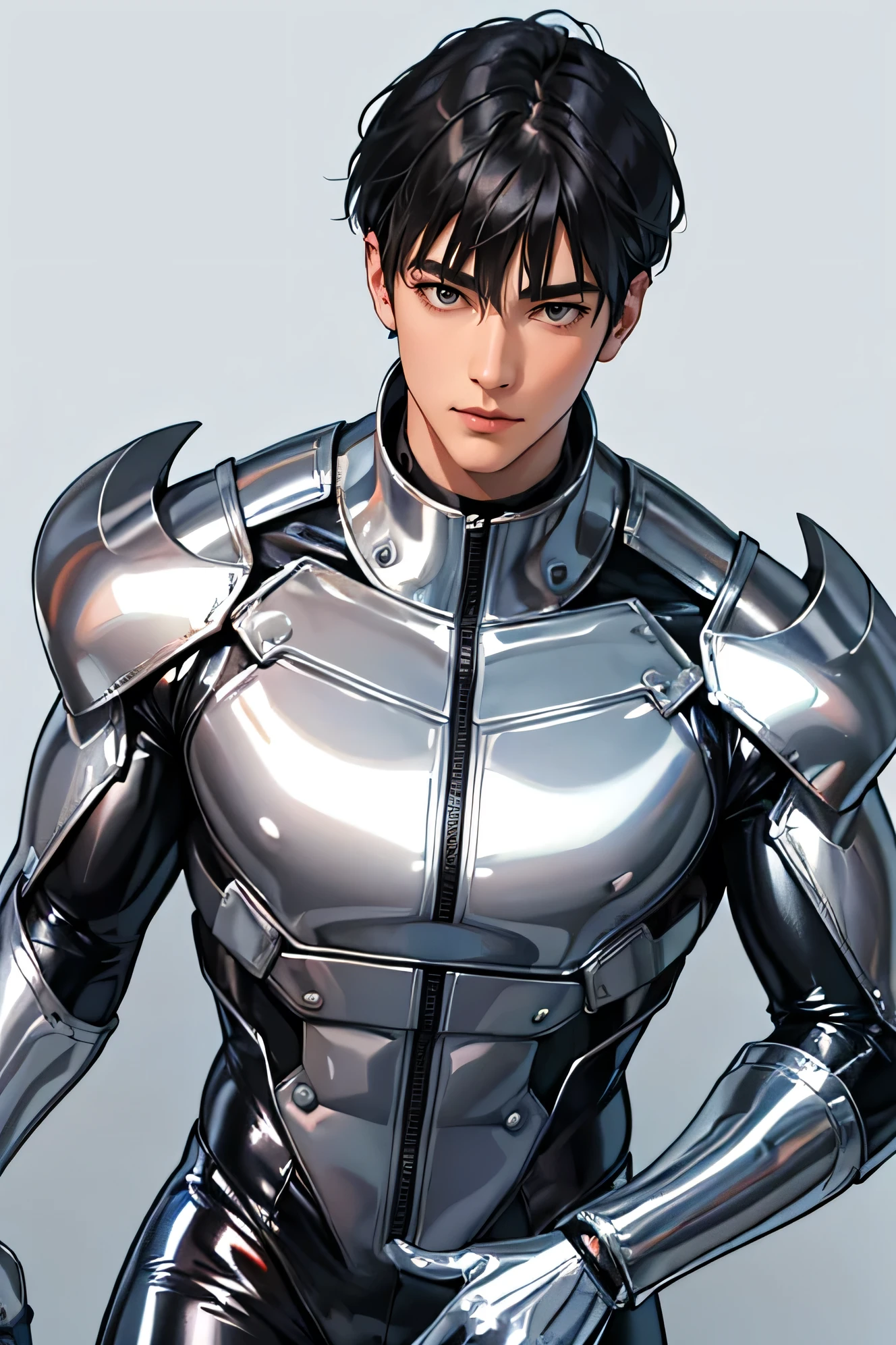 Handsome Japanese male models　　22 years old　smile　　　Black Hair　　Short cut　Short bangs　looking at the camera　　　　　Shiny full-body silver suit　　　Shiny silver latex suit　Mega Bulge　　looking at the camera　future world　　　　　Upper body close-up　Face close-up　　　　　Fierce