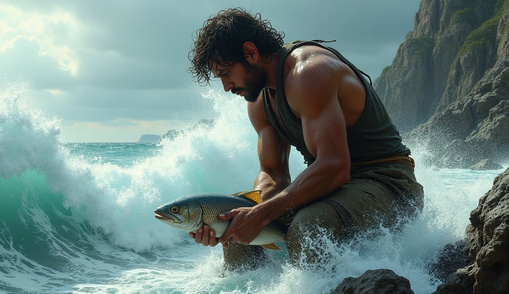 Man eating raw fish in ocean with dangerous waves