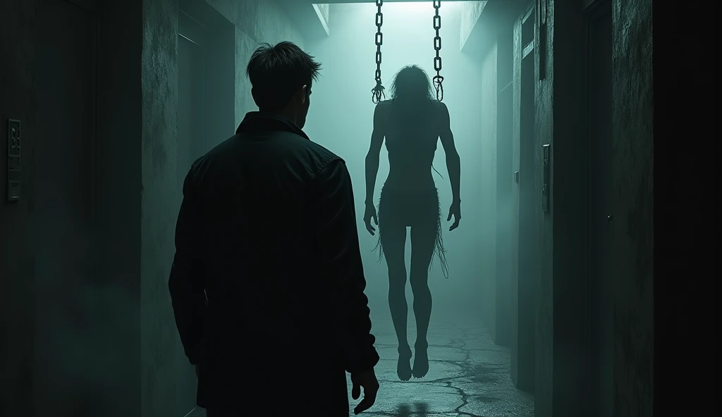 A man in a black jacket, facing back, facing away from the camera, there is a man's body hanging with chains, realistic,