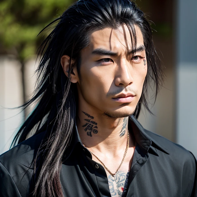 1 man, Japanese man, male, Asian eyes, muscular, broad shoulders, yakuza tattoos, hairstyle Visual Kei style, hair Visual Kei, black men's shirt and black pants, ultra detailed face, hyperrealistic, realistic representation, long hair, long hair, 30 years old, age 30 years, blonde hair