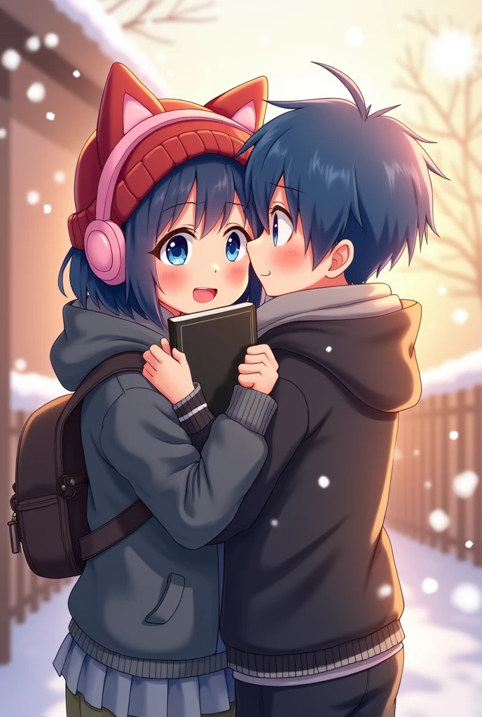 anime girl with glasses,blue eyes black hair,red winter hat,black book and pink headphones with cat ears hugging a blue haired boy with black clothes, blue eyes and a backpack