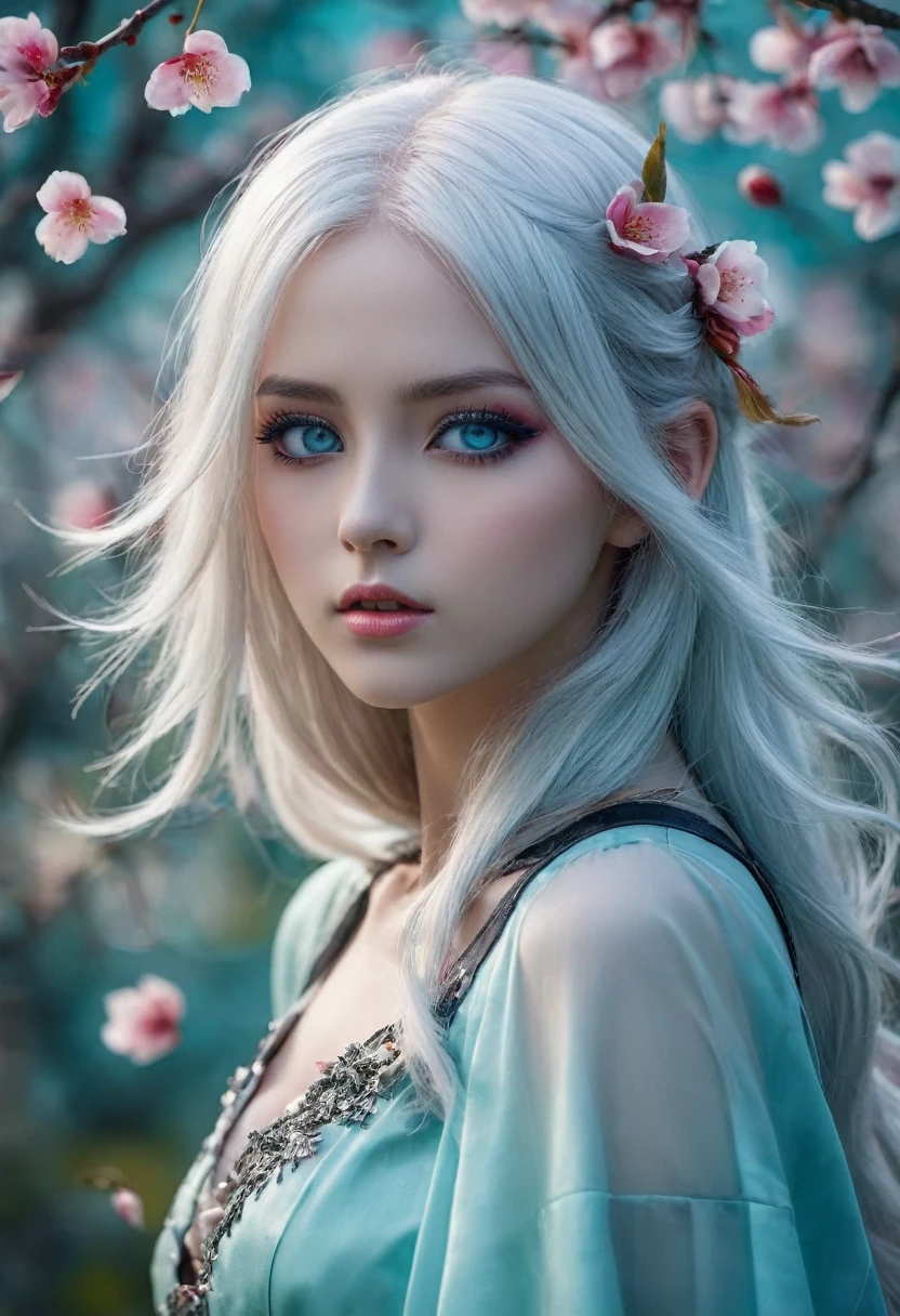 Full length view. ((little funny android girl, perfect body anatomy, beautiful and regular facial features, porcelain face and head. long flowing white hair, big turquoise eyes, perfect eyes, best quality)). visual fashion, gothic. Yoshitaka Amano, Quentin Mutch, colorful fog. Hannah Yata, fantasy art, 64 megapixels, 8k hdr resolution; volumetric lighting", surreal hallucination, complex detail, sharp focus, wind, cherry petals, Fujifilm, bokeh.
