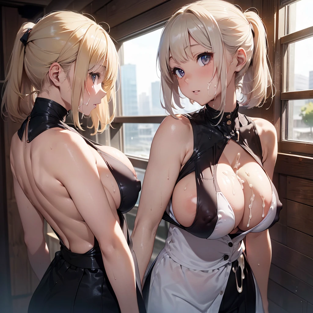 2lady(different hair style), ((ultra-quality)), (Bukkake:1.5), (back facing), (back view), (profile), (backwards), (sexy back), (side colossal tit:1.8), (side boob), (in 8K), (arms behind back:1.5), (arms are down), ultla highres, Hyper Detailed, High contrast, Ultrafine Strike, creative refinement, absurdres, Realistic, extremely detailed CG unified 8k wallpaper, Highly detailed, High-definition raw color photos, professional photography, (Realistic portrait), Cinematic Light, Beautiful detailed, 28 years old woman, (realistic skin:1.3), (shiny skin), (Best Quality:1.4), Super Detail, High quality, master piece, lifelike, (After SEX), Bukkake, Perfect face, (cum on chest:1.5), (Bukkake:1.5), (covered by lot of cum:1.3), (Sharp Focus), (upper body), (close up), Delicate Beautiful Hair and Eyes and Face, Delicate eyes, radiant eyes, Lifelike, Hyper-detailing, (Silk backless silver dress), (bare shoulder), (sleeveless), (no bra), (large areola:1.1), (puffy nipples:1.4), (sexy nipples:1.3), (colossal breasts:1.6), (big breasts:1.5), (Beautiful breasts:1.5), (smooth stomach), (covered nipples:1.4), (arms behind back:1.3), Beautiful cute woman, camel-toe details, (SFW), wet clothes, (slim body), slim, wet, pale black eyes, (bob cut:1.2), (ponytail), (light blonde hair), (smooth back), (sexy hip), (smooth hip)