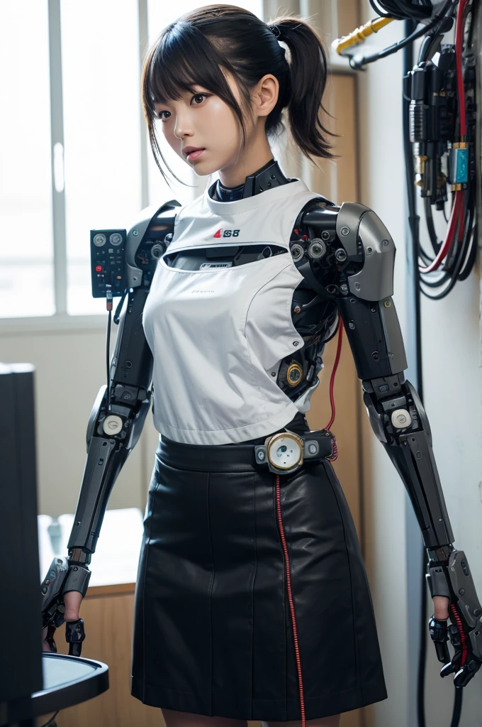 masterpiece, best quality, extremely detailed, Japaese android girl,Plump , control panels,android,Droid,Mechanical Hand, Robot arms and legs, Black hair,Blunt bangs,perfect robot girl,long tube,thick cable connected her neck,android,robot,humanoid,cyborg,japanese cyborg girl ,future laboratory,connecting a cable between the legs,skirt, high socks