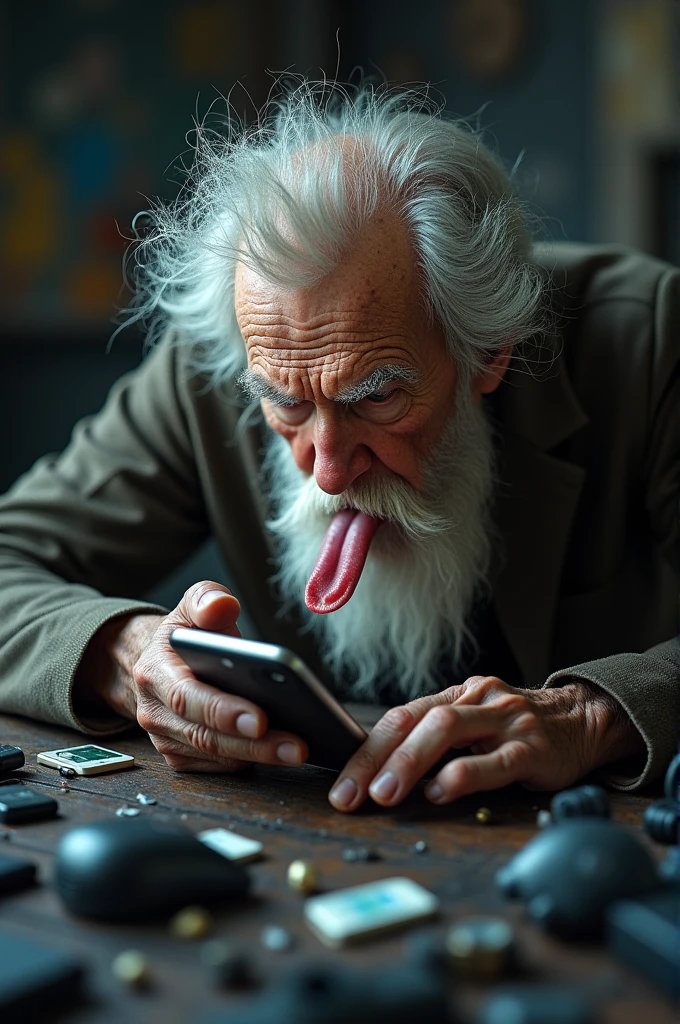 Old man licking an iPhone 3g