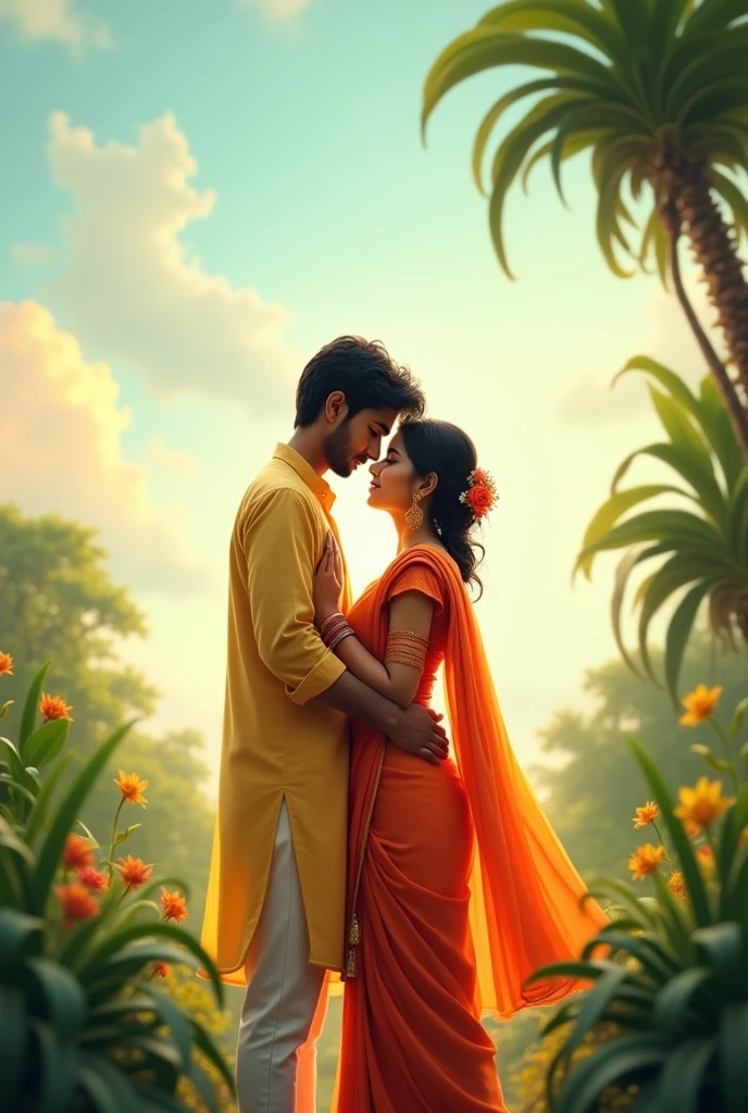 A boy in a kurta and a girl in a sari making love under an open sky surrounded by green plants will be animated youtube thumbnail size
