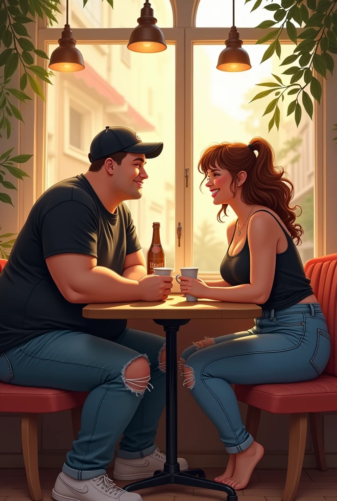 A detailed illustration of a chubby 25-year-old man wearing a hat, a black t-shirt, ripped tight jeans, and sneakers, sitting with a chubby woman in a tank top, ripped tight jeans, and sneakers in a cozy café setting. The scene should be vibrant with dynamic lighting, capturing the warm and casual atmosphere of the café. Ensure the image is hyper-detailed, 8k resolution, ultra-sharp, UHD.
