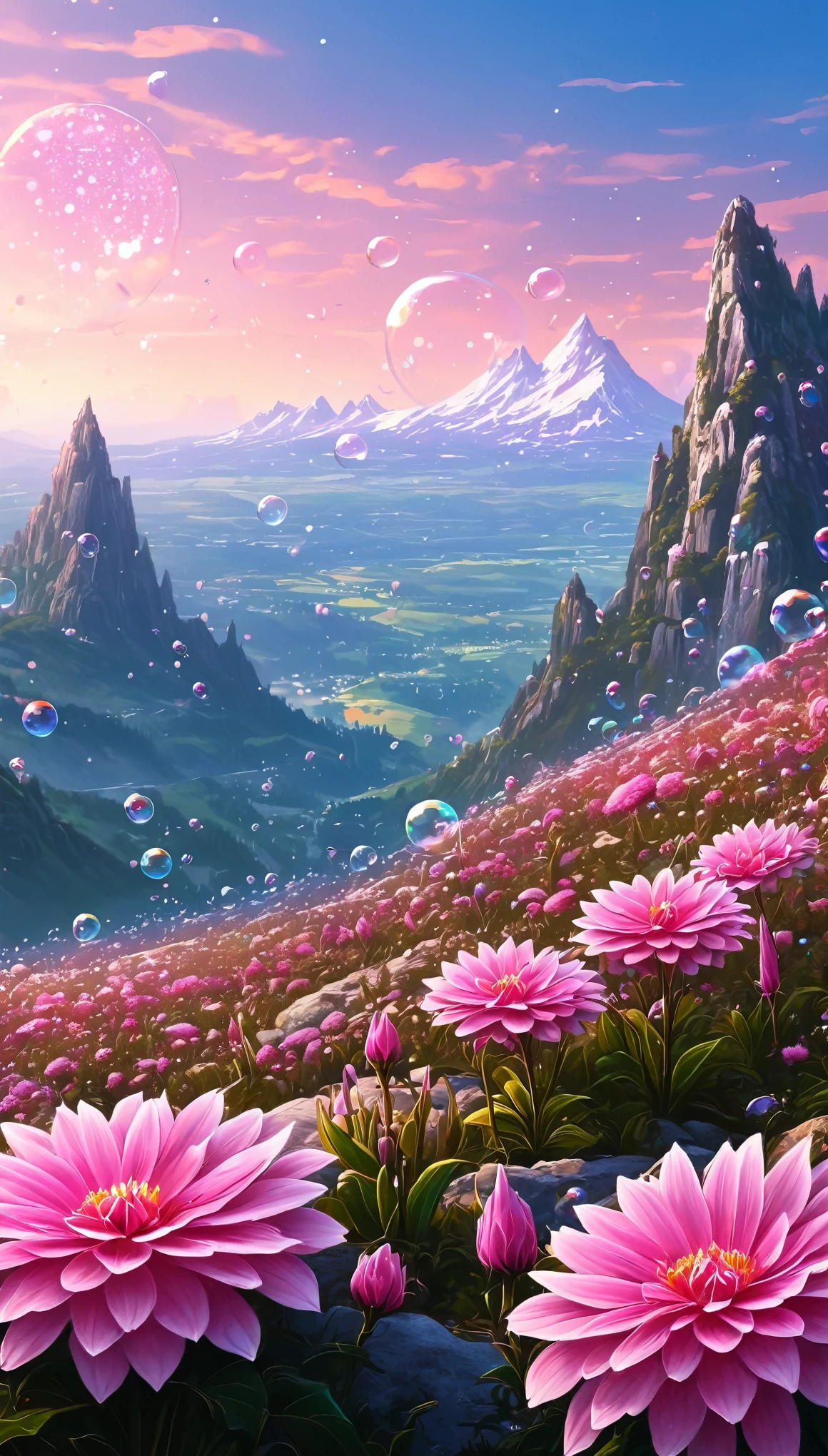 There is a beautiful pink flower and bubble painting, Beautiful Art UHD 4K, Highly Detailed 4K HD Wallpapers, Mythical Flower Hill, Highly detailed digital art in 4K, Beautiful background, Great background, Beautifully detailed fantasy, Beautiful composition 3-d 4k, Very beautiful digital art, Magic Background, Background artwork, Beautiful flowers and crystals, Awesome Wallpapers