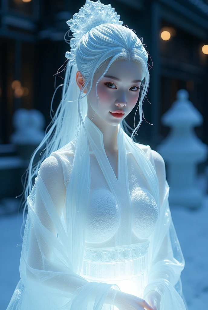(ice - carving:1.4),Movie Angle,(Fan Bingbing, ice sculpture girl,Anatomically correct,full bodyesbian,Masterpiece ice sculpture camellia,Representative work Hanfu,Smile,sexy,full body arts,traditional arts)