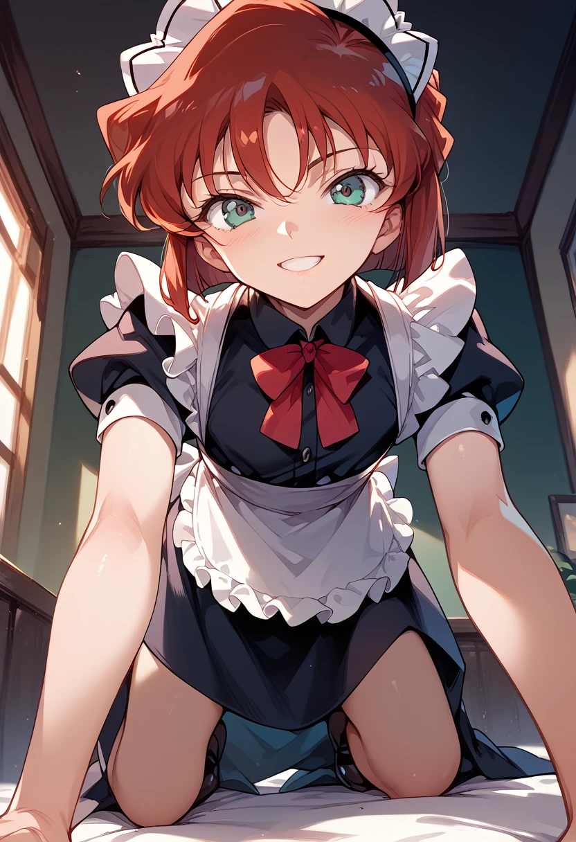 masterpiece,High resolution,Highest quality,8k(Detective Conan,ai haibara) (7-year-old girl,,Flat Chest,Short,Red Hair,short hair) ((Maid clothes))On all fours,From below,smile