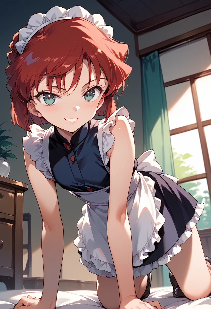 masterpiece,High resolution,Highest quality,8k(Detective Conan,ai haibara) (7-year-old girl,,Flat Chest,Short,Red Hair,short hair) ((Maid clothes))On all fours,From below,smile