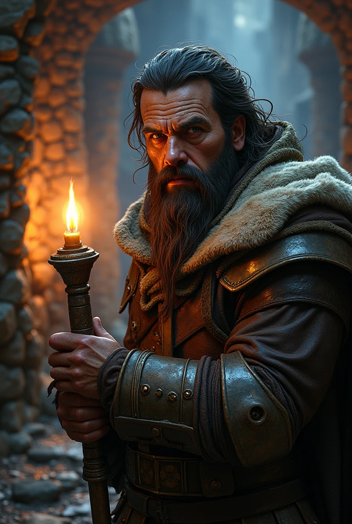 A handsome dwarf warrior from dungeons and dragons, has dark brown hair and a scar on his left eye, looks older, has a pipe. 
And a scar on his left eye