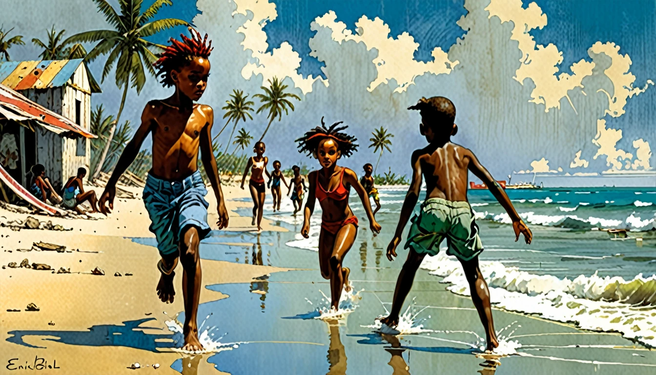 Enki Bilal illustration style, Kids playing on a Cuban beach