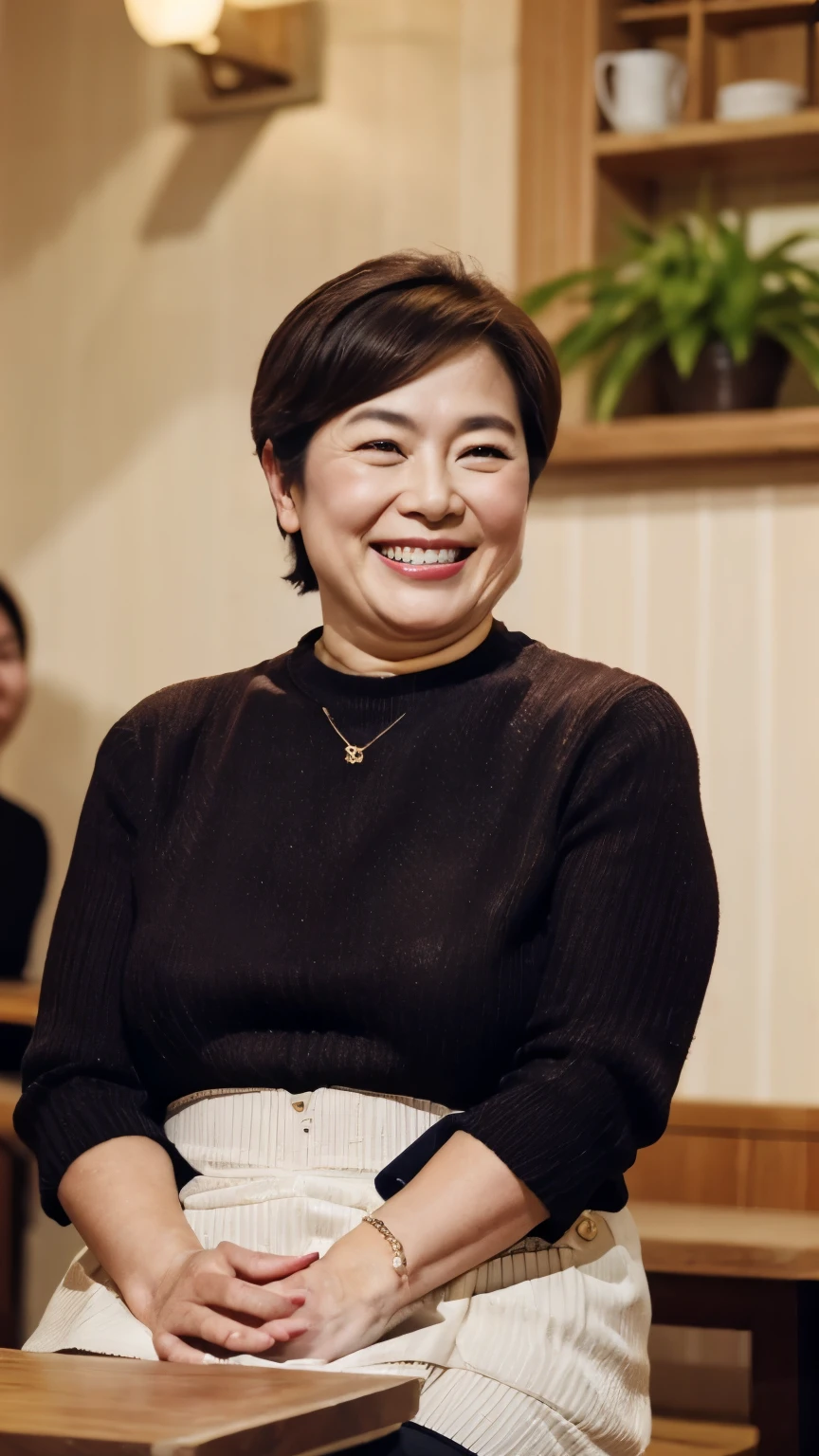 8k wallpaper, masterpiece, Highest quality, Very detailed, One Mature Woman, 50 years old, Become very clear, Wearing a short-sleeved knit, Skin dents, Captivating smile, Looking at the audience, No lapel microphone, Plump, Curvaceous, Attractive face, Smiling with teeth showing, I was happy, sitting in a cafe, Background Blur