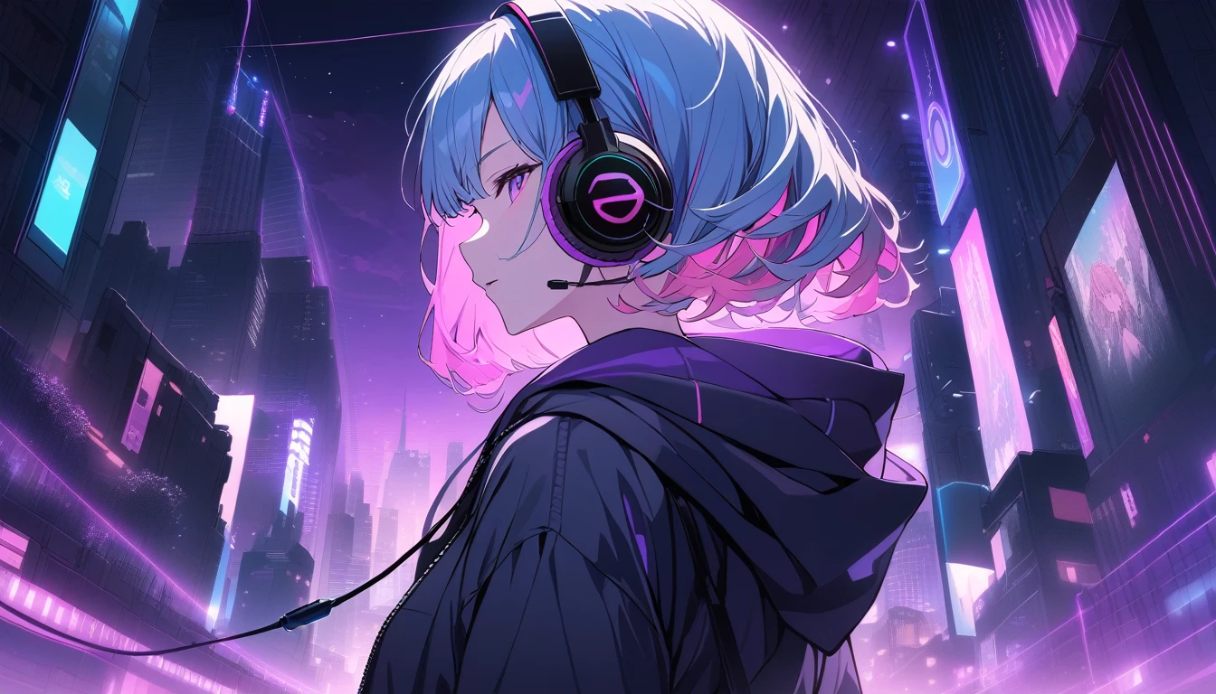 Super detailed,1 girl, alone, hoodie, Facial Contour, headphone, RGB lighting headphones, headphones with Purple lighting, headphone with cable, Purple lighting, city, night city,Blue Hair, Pink Hair