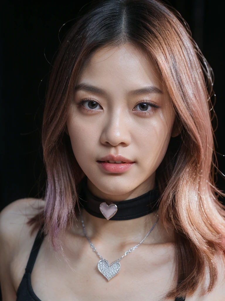 Prompt: Inspired by Michelle Chen (Michelle Chen), beautiful and attractive girl, 25-year-old Thai-Chinese girl, 162-centimeter height, natural-ivory skin tone, perfect face, small eyes, black eyes, ((Chinese droopy and monolid-eyes)), (clear-detailed eyes), centered-focus eyes, natural-gloss full lips, no-makeup looks, (2024 new-trend long bob haircut), ((pink, lavender and silver highlights on black hair)), (clear-detailed hairs), free the nipples, narrow shoulders, long neck, slim waist, rich-detailed skin texture, skin detention, (white crop-tops), high-waist blue skinny-denim, ((too-tight black color heart choker)), ((fine-detailed choker)), talk to the camera, sexy and funny in her eyes, studio portraiture, studio lighting, HDR, side view