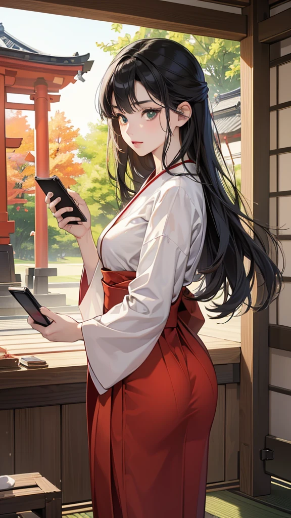 (perfect anatomy:1.2)(absurdres, highres, ultra detailed),masterpiece,best quality,high resolution,8k,Realistic face,Realistic skin texture,magnified textures, stunning clarity,detailed anime girl,(ultra detailed eyes and face),15 years old,black long hair pale skin,Japanese shrine maiden, mysterious eyes,shrine maiden clothes,(white kimono),(red hakama:1.1) thin body type,big breasts,small ass,(smartphone game:1.5),expressionless,in the shrine,(seiza) (zabuton),(chabudai),tatami room,shoji lamp,engawa,(looking to smartphone),,afternoon,cowboy shot,serene pose,Japanese garden,(Green sun)