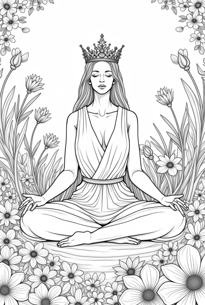 Lady queen meditating flowers background coloring book pages black and white high details