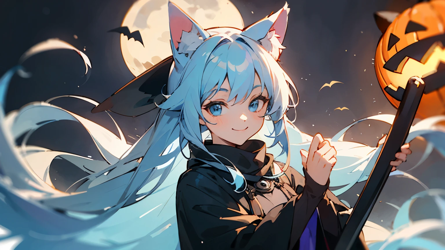 koshkodevochka, Light blue hair, light blue eyes, 2D art, long hair, in a witch costume, Halloween, smiling, Interesting composition, interesting ninjijourney style, looks at the camera, cat ears