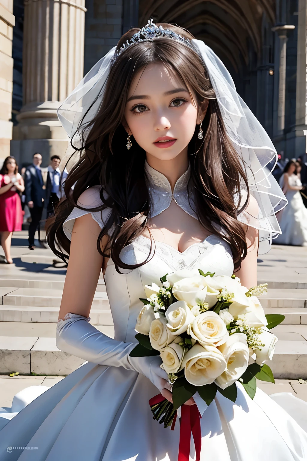 best quality, masterpiece, 1 girl), cute teen, shiny lips, sweet, sun glare, Conservative attire, wedding dress, white gloves, bouquet, bridal tiara, depth of field, blurred background, Cathedral Background, light particles, strong wind, head tilt, long hair, ahegao face